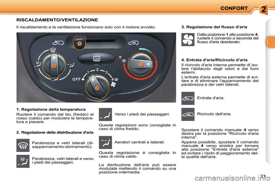 Peugeot 206 P 2010.5  Manuale del proprietario (in Italian) 31
RISCALDAMENTO/VENTILAZIONE 
 Il riscaldamento e la ventilazione funzionano solo con il motore avviato.  
  1. Regolazione della temperatura  
 Ruotare  il  comando  dal  blu  (freddo)  al  
rosso (