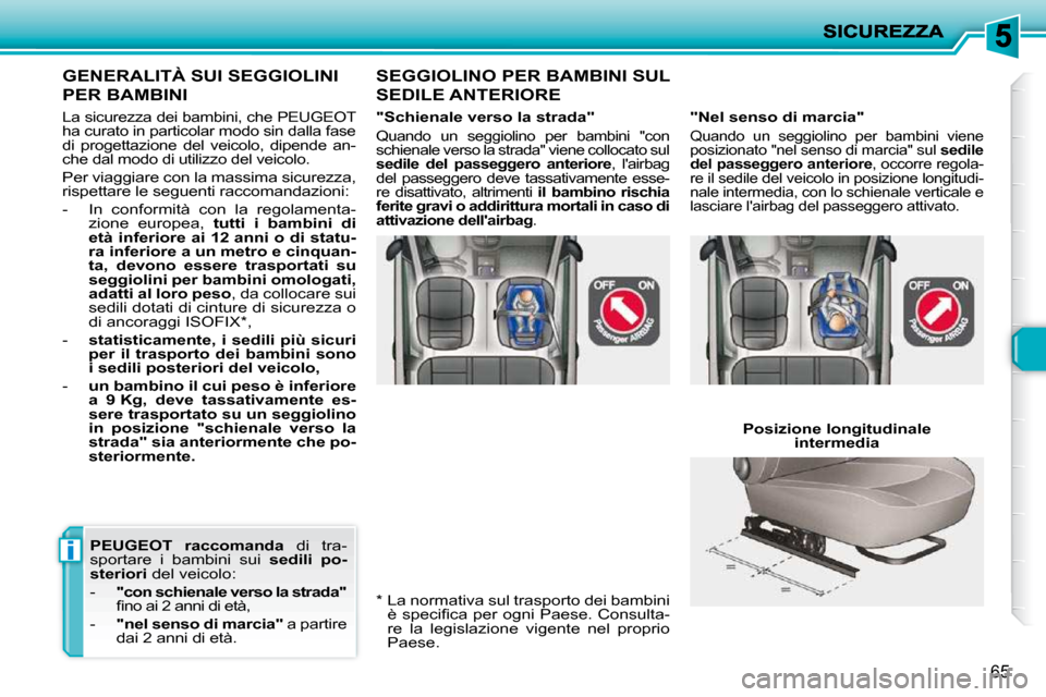 Peugeot 206 P 2010.5  Manuale del proprietario (in Italian) i
65
  *    La normativa sul trasporto dei bambini �è� �s�p�e�c�i�ﬁ� �c�a� �p�e�r� �o�g�n�i� �P�a�e�s�e�.� �C�o�n�s�u�l�t�a�- 
re  la  legislazione  vigente  nel  proprio 
Paese.  
GENERALITÀ SUI 