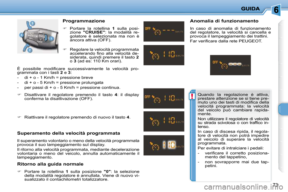 Peugeot 206 P 2010.5  Manuale del proprietario (in Italian) !
73
  Programmazione  
   
�    Portare  la  rotellina    1   sulla  posi-
zione    "CRUISE"  :  la  modalità  re-
golatore  è  selezionata  ma  non  è  
ancora attiva (OFF). 
  Superamento del