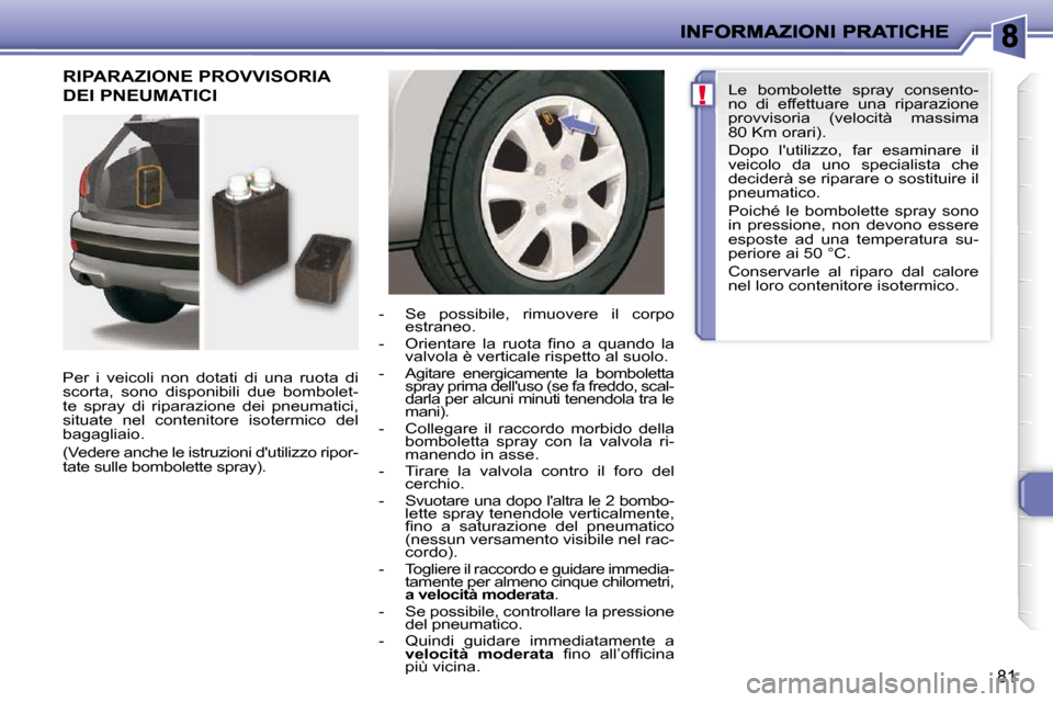 Peugeot 206 P 2010.5  Manuale del proprietario (in Italian) !
81
 RIPARAZIONE PROVVISORIA 
DEI PNEUMATICI  
  Per  i  veicoli  non  dotati  di  una  ruota  di  
scorta,  sono  disponibili  due  bombolet-
te  spray  di  riparazione  dei  pneumatici, 
situate  n