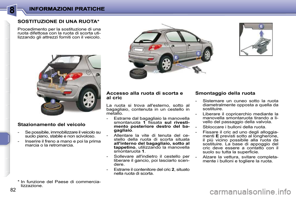 Peugeot 206 P 2010.5  Manuale del proprietario (in Italian) 82
SOSTITUZIONE DI UNA RUOTA *  
 Procedimento per la sostituzione di una  
ruota difettosa con la ruota di scorta uti-
lizzando gli attrezzi forniti con il veicolo.  
  Stazionamento del veicolo  
  