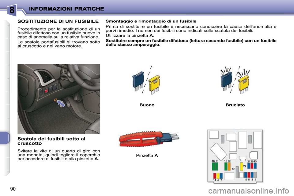 Peugeot 206 P 2010.5  Manuale del proprietario (in Italian) 90
SOSTITUZIONE DI UN FUSIBILE 
 Procedimento  per  la  sostituzione  di  un  
fusibile difettoso con un fusibile nuovo in 
caso di anomalia sulla relativa funzione.  
 Le  scatole  portafusibili  si 