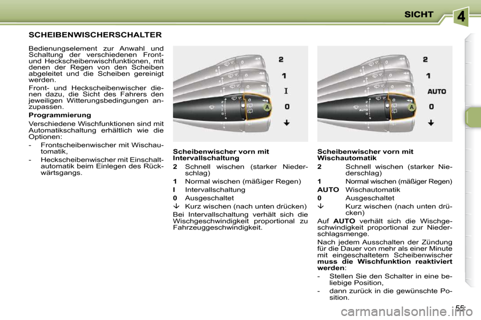 Peugeot 206 P 2010 Betriebsanleitung (in German) 55
SCHEIBENWISCHERSCHALTER
Bedienungselement zur Anwahl und
Schaltung der verschiedenen Front-
und Heckscheibenwischfunktionen, mit
denen der Regen von den Scheiben
abgeleitet un Peugeot 206 P 2010 Betriebsanleitung (in German) 55
SCHEIBENWISCHERSCHALTER
Bedienungselement zur Anwahl und
Schaltung der verschiedenen Front-
und Heckscheibenwischfunktionen, mit
denen der Regen von den Scheiben
abgeleitet un
