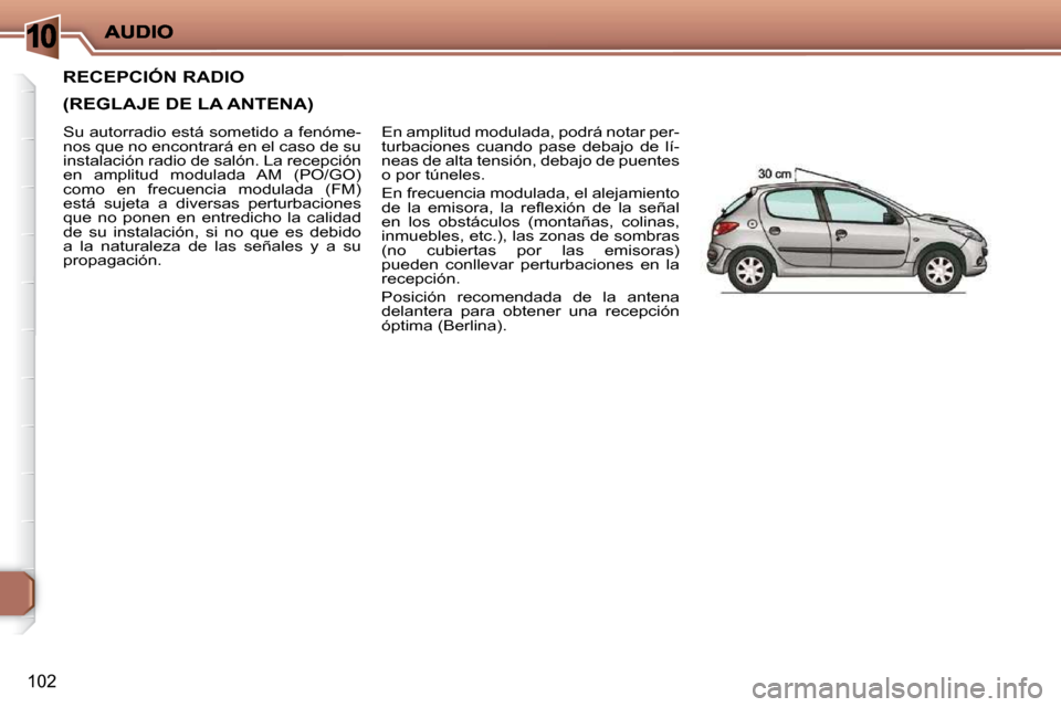 Peugeot 206 P 2010 Manual del propietario (in Spanish) 10
102
RECEPCIÓN RADIO
(REGLAJE DE LA ANTENA)
En amplitud modulada, podrá notar per-
turbaciones cuando pase debajo de lí-
neas de alta tensión, debajo de puentes
o por túneles.
En Peugeot 206 P 2010 Manual del propietario (in Spanish) 10
102
RECEPCIÓN RADIO
(REGLAJE DE LA ANTENA)
En amplitud modulada, podrá notar per-
turbaciones cuando pase debajo de lí-
neas de alta tensión, debajo de puentes
o por túneles.
En