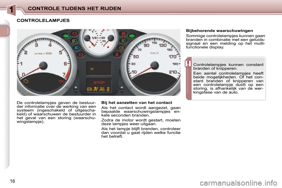 Peugeot 206 P 2010  Handleiding (in Dutch) !
CONTROLE TIJDENS HET RIJDEN
16
 Controlelampjes  kunnen  constant  
branden of knipperen.  
 Een  aantal  controlelampjes  heeft  
beide  mogelijkheden.  Of  het  con-
stant  branden  of  knipperen 