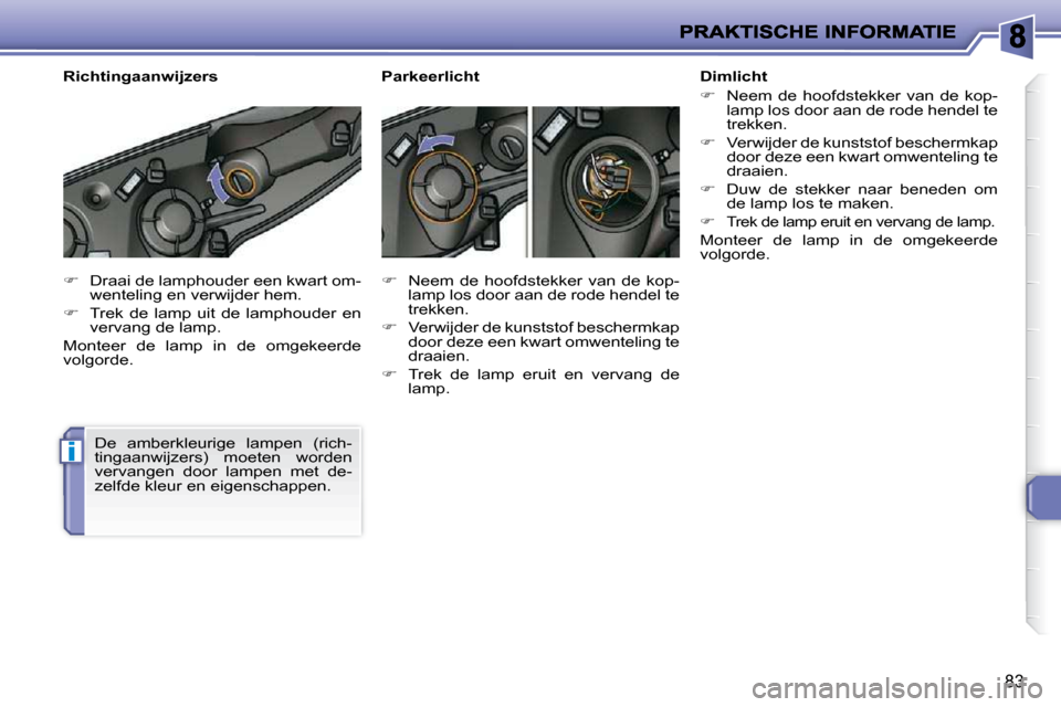 Peugeot 206 P 2010  Handleiding (in Dutch) i
83
   
�    Draai de lamphouder een kwart om-
wenteling en verwijder hem. 
  
�    Trek  de  lamp  uit  de  lamphouder  en 
vervang de lamp.  
 Monteer  de  lamp  in  de  omgekeerde  
volgorde