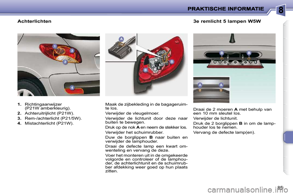 Peugeot 206 P 2010  Handleiding (in Dutch) 85
  3e remlicht 5 lampen W5W 
 Maak de zijbekleding in de bagageruim- 
te los.  
 Verwijder de vleugelmoer. 
 Verwijder  de  lichtunit  door  deze  naar  
buiten te bewegen. 
 Druk op de nok   A  en 