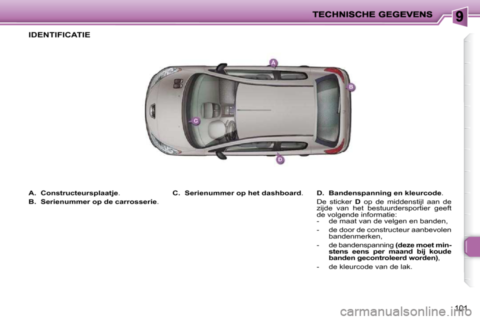 Peugeot 206 P 2010  Handleiding (in Dutch) 101
   
A.     Constructeursplaatje  . 
  
B.     Serienummer op de carrosserie  .   
D.     Bandenspanning en kleurcode  .  
 De  sticker    D   op  de  middenstijl  aan  de 
zijde  van  het  bestuur