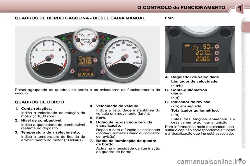 Peugeot 206 P 2010  Manual do proprietário (in Portuguese) 15
                         QUADROS DE BORDO GASOLINA - DIESEL CAIXA MANUAL 
 Painel  agrupando  os  quadros  de  bordo  e  os  avisadores  do  funcio namento  do 
veículo. 
  
4.     Velocidade do v