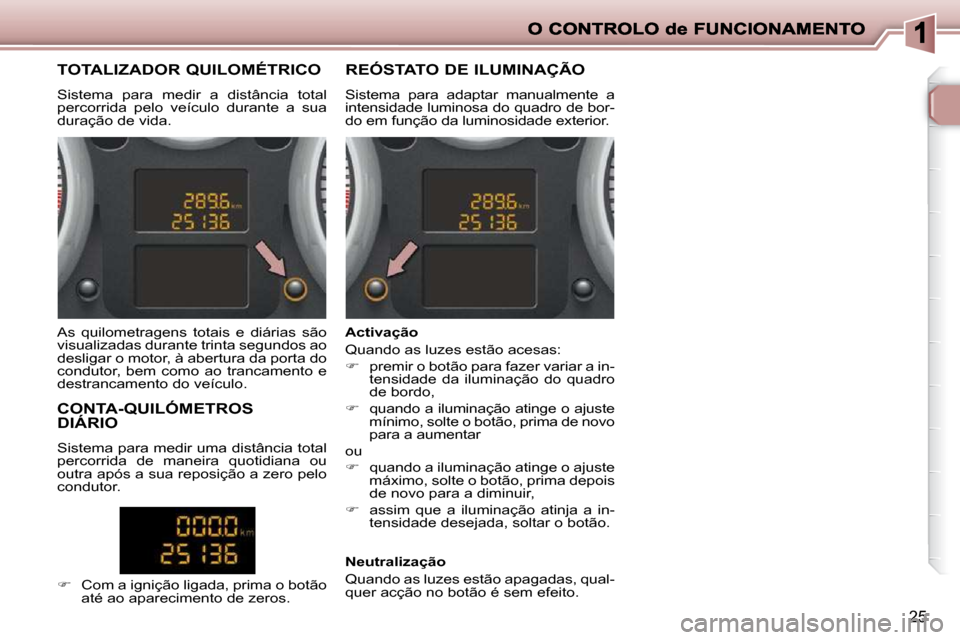 Peugeot 206 P 2010  Manual do proprietário (in Portuguese) 25
          TOTALIZADOR QUILOMÉTRICO  
 Sistema  para  medir  a  distância  total  
percorrida  pelo  veículo  durante  a  sua 
duração de vida.         REÓSTATO DE ILUMINAÇÃO  
 Sistema  par