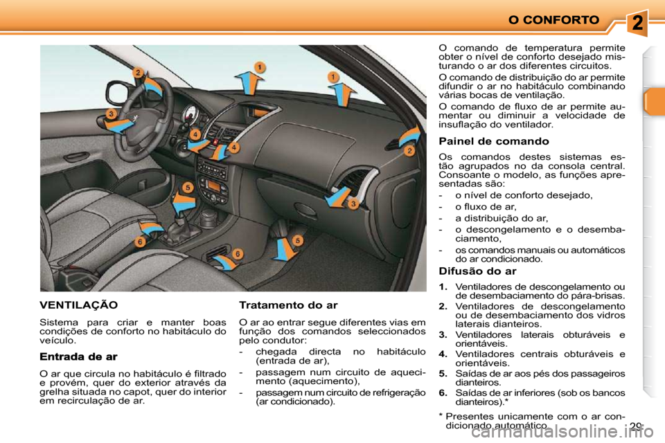 Peugeot 206 P 2010  Manual do proprietário (in Portuguese) 29
VENTILAÇÃO 
 Sistema  para  criar  e  manter  boas  
condições de conforto no habitáculo do 
veículo. 
  Tratamento do ar 
 O ar ao entrar segue diferentes vias em  
função  dos  comandos  