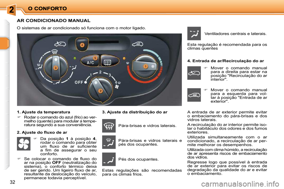 Peugeot 206 P 2010  Manual do proprietário (in Portuguese) 32
AR CONDICIONADO MANUAL 
 O sistemas de ar condicionado só funciona com o motor ligado.   
  1. Ajuste da temperatura  
   
�    Rodar o comando do azul (frio) ao ver-
melho (quente) para modula