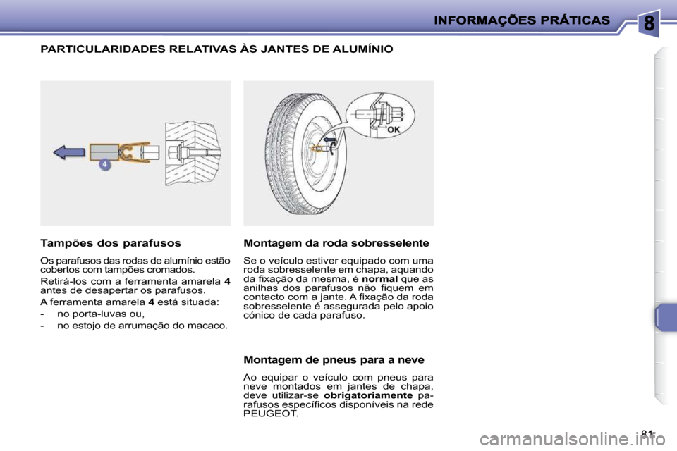 Peugeot 206 P 2010  Manual do proprietário (in Portuguese) 81
PARTICULARIDADES RELATIVAS ÀS JANTES DE ALUMÍNIO 
  Tampões dos parafusos  
 Os parafusos das rodas de alumínio estão  
cobertos com tampões cromados.  
 Retirá-los  com  a  ferramenta  amar