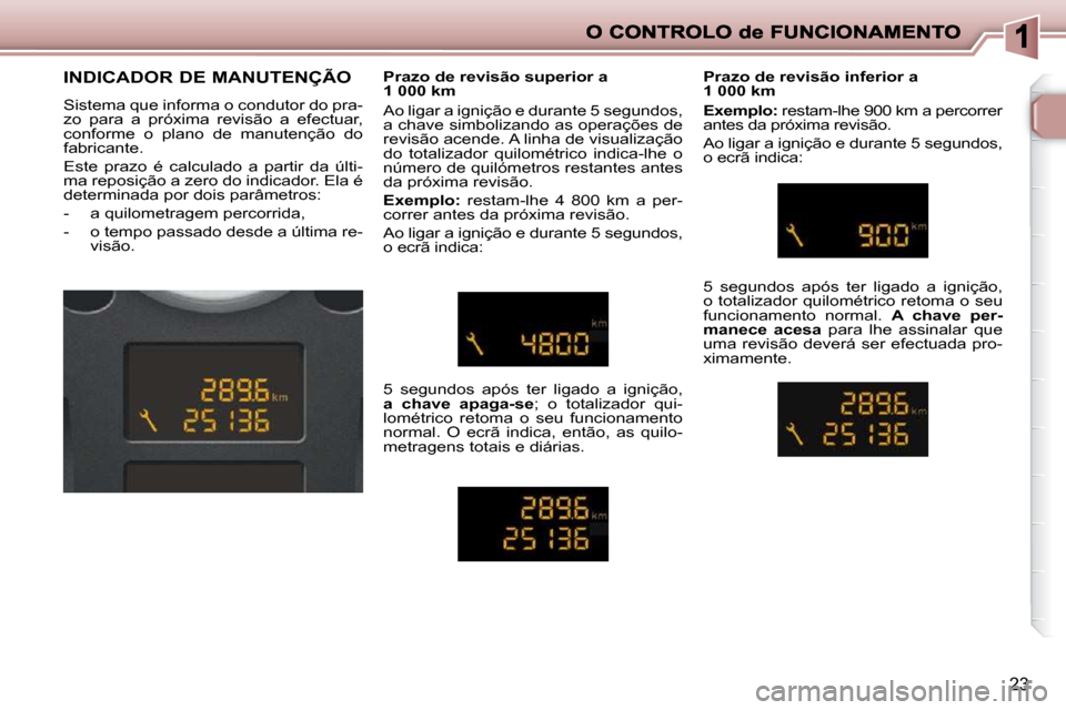 Peugeot 206 P 2010  Manual do proprietário (in Portuguese) 23
        INDICADOR DE MANUTENÇÃO  
 Sistema que informa o condutor do pra- 
zo  para  a  próxima  revisão  a  efectuar, 
conforme  o  plano  de  manutenção  do 
fabricante.  
 Este  prazo  é 