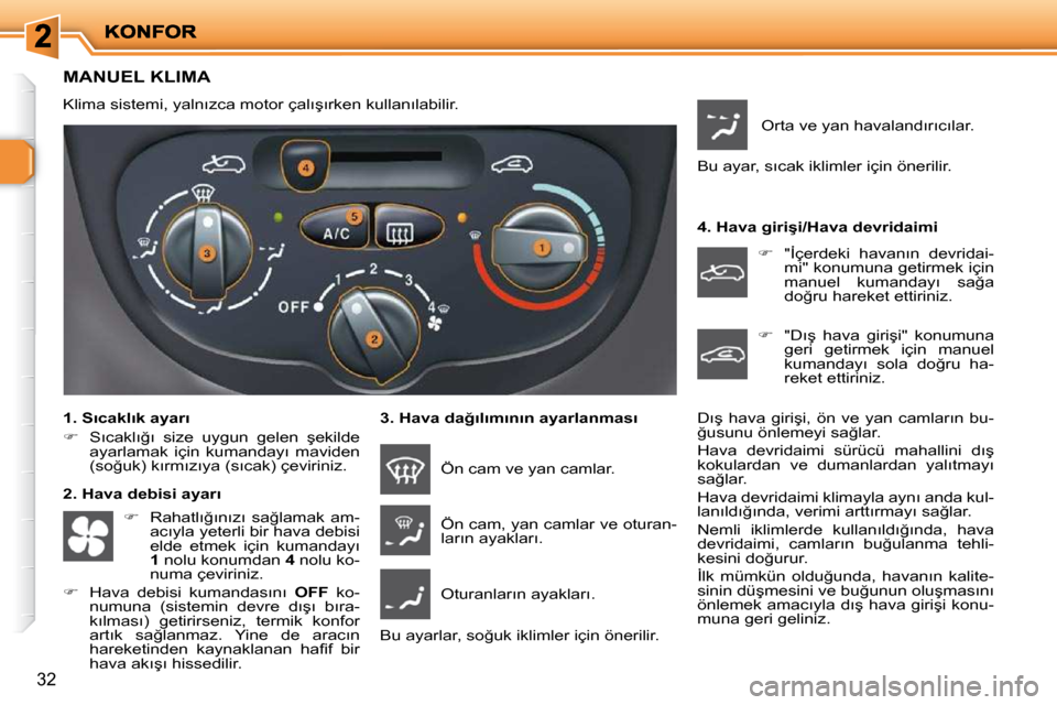 Peugeot 206 P 2010  Kullanım Kılavuzu (in Turkish) 32
MANUEL KLIMA 
� �K�l�i�m�a� �s�i�s�t�e�m�i�,� �y�a�l�n�ı�z�c�a� �m�o�t�o�r� �ç�a�l�ı�ş�ı�r�k�e�n� �k�u�l�l�a�n�ı�l�a�b�i�l�i�r�.� �  
� � �1�.� �S�ı�c�a�k�l�ı�k� �a�y�a�r�ı�  
   
� � �