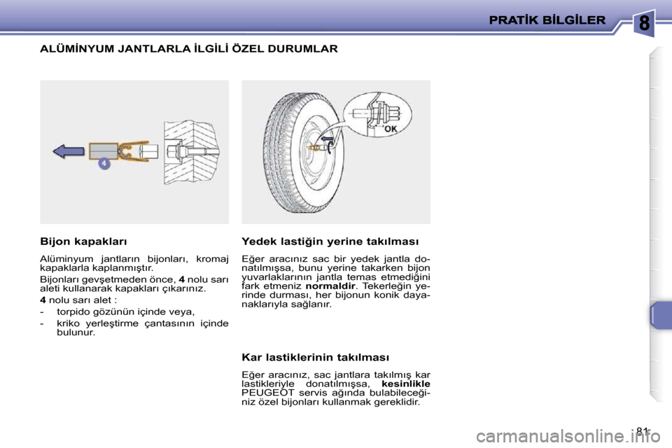 Peugeot 206 P 2010  Kullanım Kılavuzu (in Turkish) 81
�A�L�Ü�M�İ�N�Y�U�M� �J�A�N�T�L�A�R�L�A� �İ�L�G�İ�L�İ� �Ö�Z�E�L� �D�U�R�U�M�L�A�R� 
� � �B�i�j�o�n� �k�a�p�a�k�l�a�r�ı�  
� �A�l�ü�m�i�n�y�u�m�  �j�a�n�t�l�a�r�ı�n�  �b�i�j�o�n�l�a�r�ı�,� 