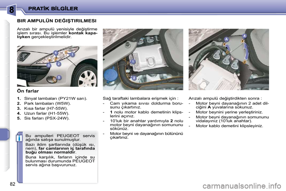 Peugeot 206 P 2010  Kullanım Kılavuzu (in Turkish) �i
�8�2
�B�I�R� �A�M�P�U�L�Ü�N� �D�E�Ğ�I�Ş�T�I�R�I�L�M�E�S�I� 
� � �Ö�n� �f�a�r�l�a�r�  
   
1. � �  �S�i�n�y�a�l� �l�a�m�b�a�l�a�r�ı� �(�P�Y�2�1�W� �s�a�r�ı�)�.� 
  
2. � �  �P�a�r�k� �l�a�m�b�
