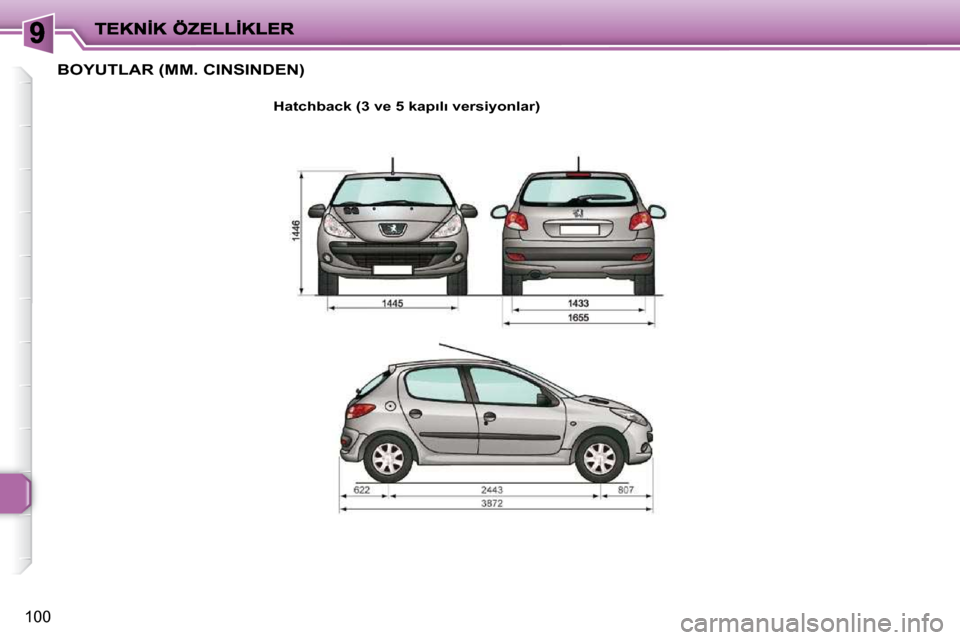 Peugeot 206 P 2010  Kullanım Kılavuzu (in Turkish) 100
�B�O�Y�U�T�L�A�R� �(�M�M�.� �C�I�N�S�I�N�D�E�N�)� 
  
�H�a�t�c�h�b�a�c�k� �(�3� �v�e� �5� �k�a�p�ı�l�ı� �v�e�r�s�i�y�o�n�l�a�r�)        
