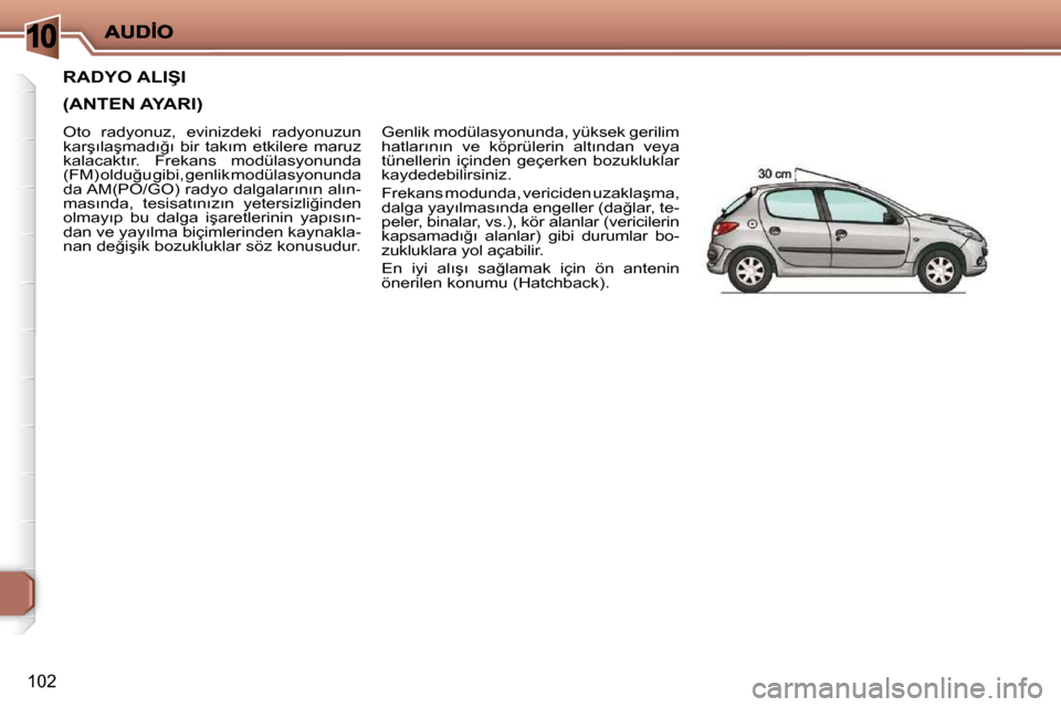 Peugeot 206 P 2010  Kullanım Kılavuzu (in Turkish) 10
102
�R�A�D�Y�O� �A�L�I�Ş�I� � 
�(�A�N�T�E�N� �A�Y�A�R�I�)� 
  Genlik modülasyonunda, yüksek gerilim  
�h�a�t�l�a�r�ı�n�ı�n�  �v�e�  �k�ö�p�r�ü�l�e�r�i�n�  �a�l�t�ı�n�d�a�n�  �v�e�y�a� 
tün