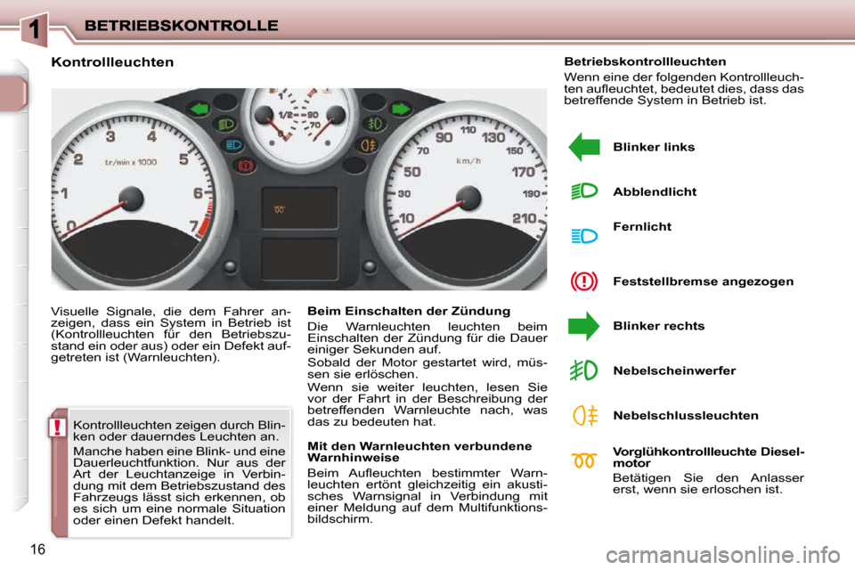 Peugeot 206 P 2009  Betriebsanleitung (in German) !
16
 Kontrollleuchten zeigen durch Blin- 
ken oder dauerndes Leuchten an.  
 Manche haben eine Blink- und eine  
Dauerleuchtfunktion.  Nur  aus  der 
Art  der  Leuchtanzeige  in  Verbin-
dung mit dem
