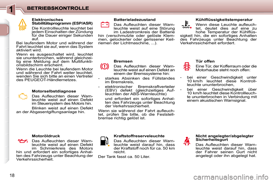 Peugeot 206 P 2009  Betriebsanleitung (in German) 18
  Motorselbstdiagnose  
� �D�a�s�  �A�u�ﬂ� �e�u�c�h�t�e�n�  �d�i�e�s�e�r�  �W�a�r�n�- 
leuchte  weist  auf  einen  Defekt 
im Steuersystem des Motors hin.  
 Blinken  weist  auf  einen  Defekt 
a