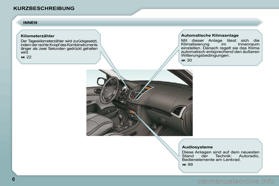 Peugeot 206 P 2009  Betriebsanleitung (in German) KURZBESCHREIBUNG  INNEN 
  Kilometerzähler 
 Der Tageskilometerzähler wird zurückgesetzt,  
indem der rechte Knopf des Kombiinstruments 
länger  als  zwei  Sekunden  gedrückt  gehalten 
�w�i�r�d�