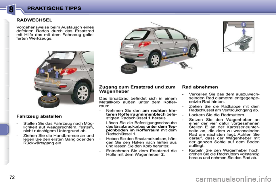 Peugeot 206 P 2009  Betriebsanleitung (in German) 72
                 RADWECHSEL 
 Vorgehensweise beim Austausch eines  
defekten  Rades  durch  das  Ersatzrad 
mit  Hilfe  des  mit  dem  Fahrzeug  gelie-
ferten Werkzeugs.  
  Fahrzeug abstellen  
  