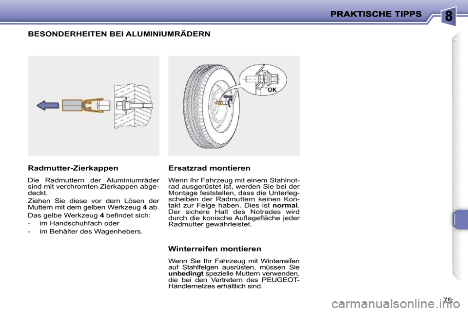 Peugeot 206 P 2009  Betriebsanleitung (in German) 75
             BESONDERHEITEN BEI ALUMINIUMRÄDERN 
  Radmutter-Zierkappen  
 Die  Radmuttern  der  Aluminiumräder  
sind mit verchromten Zierkappen abge-
deckt.  
 Ziehen  Sie  diese  vor  dem  Lö