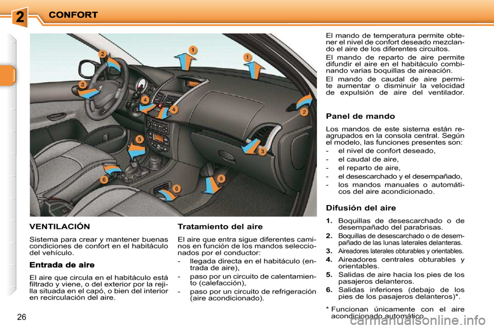 Peugeot 206 P 2009  Manual del propietario (in Spanish) 26
       VENTILACIÓN 
 Sistema para crear y mantener buenas  
condiciones de confort en el habitáculo 
del vehículo. 
  Tratamiento del aire 
 El aire que entra sigue diferentes cami- 
nos en func