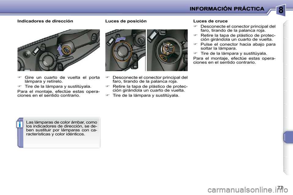 Peugeot 206 P 2009  Manual del propietario (in Spanish) i
77
   
�    Gire  un  cuarto  de  vuelta  el  porta 
lámpara y retírelo. 
  
�    Tire de la lámpara y sustitúyala.  
 Para  el  montaje,  efectúe  estas  opera- 
ciones en el sentido con