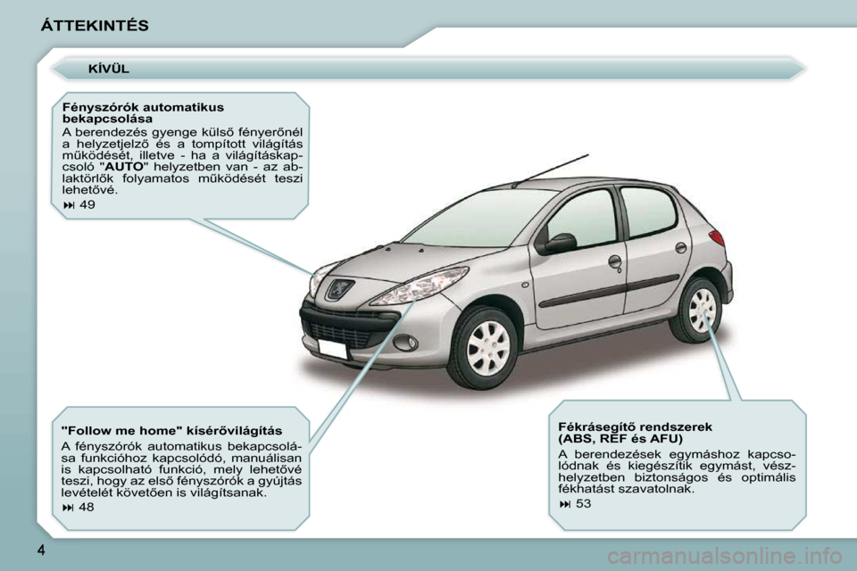 Peugeot 206 P 2009  Kezelési útmutató (in Hungarian) ÁTTEKINTÉS  KÍVÜL 
  Fényszórók automatikus  
bekapcsolása  
� �A� �b�e�r�e�n�d�e�z�é�s� �g�y�e�n�g�e� �k�ü�l�s5� �f�é�n�y�e�r5�n�é�l�  
�a�  �h�e�l�y�z�e�t�j�e�l�z5�  �é�s�  �a�  �t�o