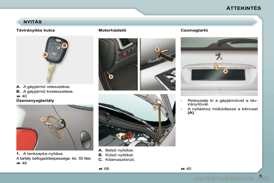 Peugeot 206 P 2009  Kezelési útmutató (in Hungarian) ÁTTEKINTÉS
  NYITÁS 
� � �T�á�v�i�r�á�n�y�í�t�ó�s� �k�u�l�c�s�  
   
A.  �  �A� �g�é�p�j�á�r�mC� �r�e�t�e�s�z�e�l�é�s�e�.� 
  
B.  �  �A� �g�é�p�j�á�r�mC� �k�i�r�e�t�e�s�z�e�l�é�s�e�.� 