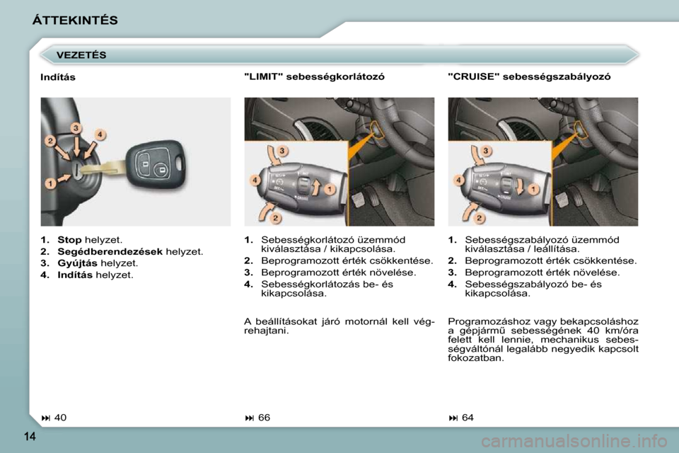 Peugeot 206 P 2009  Kezelési útmutató (in Hungarian) ÁTTEKINTÉS  VEZETÉS 
   
1.     Stop  � �h�e�l�y�z�e�t�.� 
  
2.     �S�e�g�   
é   
�d�b�e�r�e�n�d�e�z�   
ések  � �h�e�l�y�z�e�t�.� 
  
3.     Gyújtás   �h�e�l�y�z�e�t�.� 
  
4.     �I�n�d�í