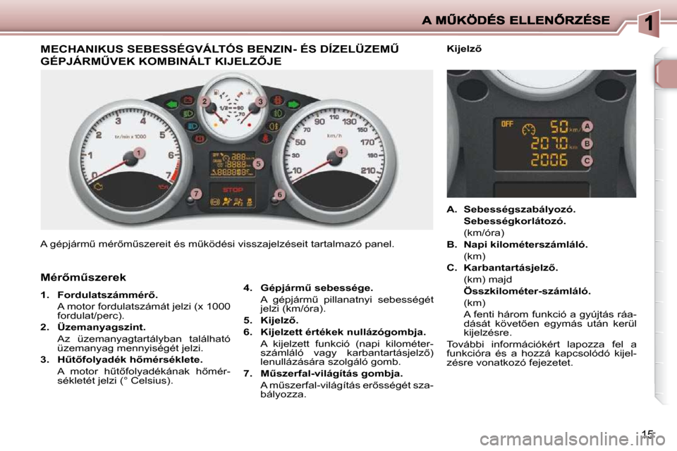 Peugeot 206 P 2009  Kezelési útmutató (in Hungarian) 15
� � � � � � � � � � � � � � � � � � � � � � � � � � � �M�E�C�H�A�N�I�K�U�S� �S�E�B�E�S�S�É�G�V�Á�L�T�Ó�S� �B�E�N�Z�I�N�-� �É�S� �D�Í�Z�E�L�Ü�Z�E�MB� 
�G�É�P�J�Á�R�MB�V�E�K� �K�O�M�B�I�N�