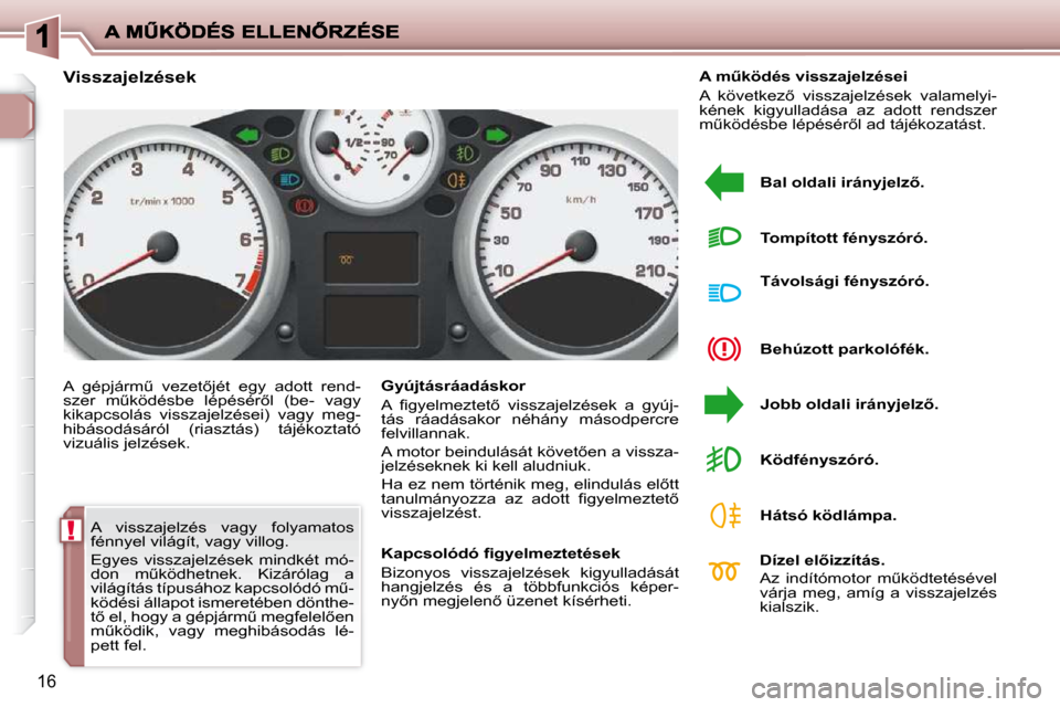 Peugeot 206 P 2009  Kezelési útmutató (in Hungarian) !
16
� �A�  �v�i�s�s�z�a�j�e�l�z�é�s�  �v�a�g�y�  �f�o�l�y�a�m�a�t�o�s�  
�f�é�n�n�y�e�l� �v�i�l�á�g�í�t�,� �v�a�g�y� �v�i�l�l�o�g�.�  
� �E�g�y�e�s�  �v�i�s�s�z�a�j�e�l�z�é�s�e�k�  �m�i�n�d�k�é