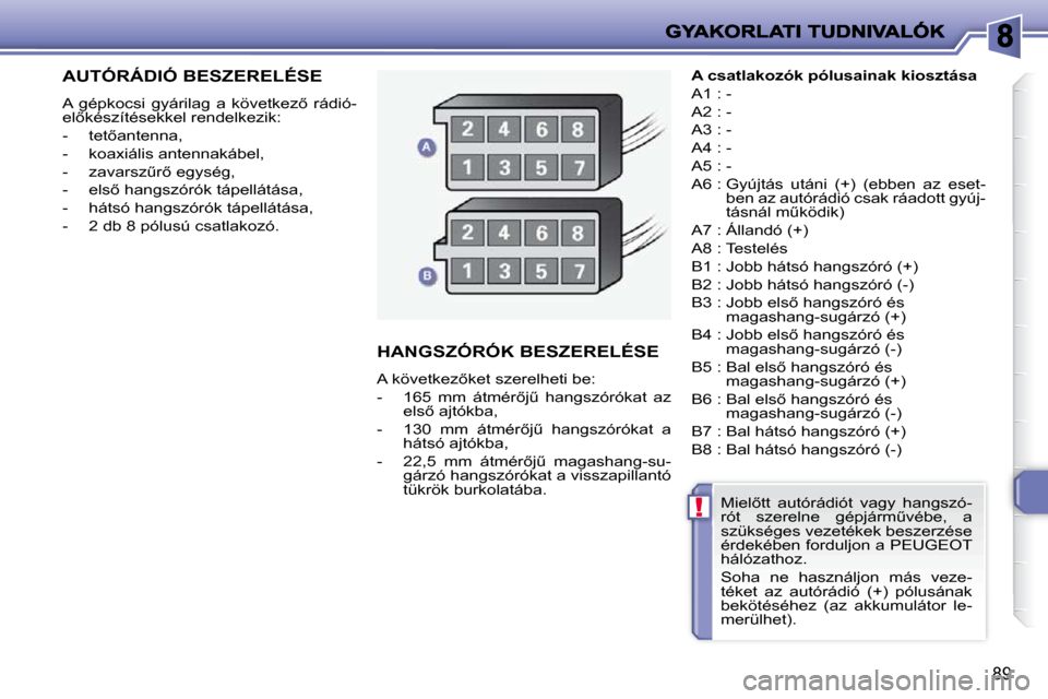Peugeot 206 P 2009  Kezelési útmutató (in Hungarian) !
89
         AUTÓRÁDIÓ BESZERELÉSE 
� �A�  �g�é�p�k�o�c�s�i�  �g�y�á�r�i�l�a�g�  �a�  �k�ö�v�e�t�k�e�z5�  �r�á�d�i�ó�- 
�e�l5�k�é�s�z�í�t�é�s�e�k�k�e�l� �r�e�n�d�e�l�k�e�z�i�k�:�  
� � 