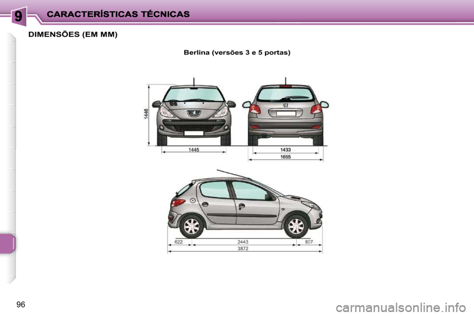 Peugeot 206 P 2009  Manual do proprietário (in Portuguese) 96
       DIMENSÕES (EM MM) 
  
Berlina (versões 3 e 5 portas)        