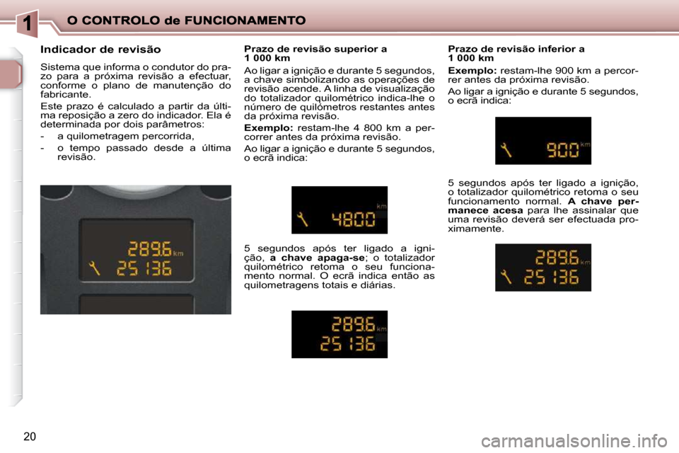 Peugeot 206 P 2009  Manual do proprietário (in Portuguese) 20
        Indicador de revisão  
 Sistema que informa o condutor do pra- 
zo  para  a  próxima  revisão  a  efectuar, 
conforme  o  plano  de  manutenção  do 
fabricante.  
 Este  prazo  é  cal