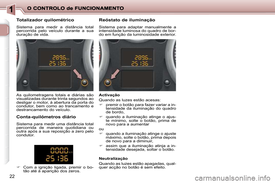 Peugeot 206 P 2009  Manual do proprietário (in Portuguese) 22
          Totalizador quilométrico  
 Sistema  para  medir  a  distância  total  
percorrida  pelo  veículo  durante  a  sua 
duração de vida.         Reóstato de iluminação  
 Sistema  par