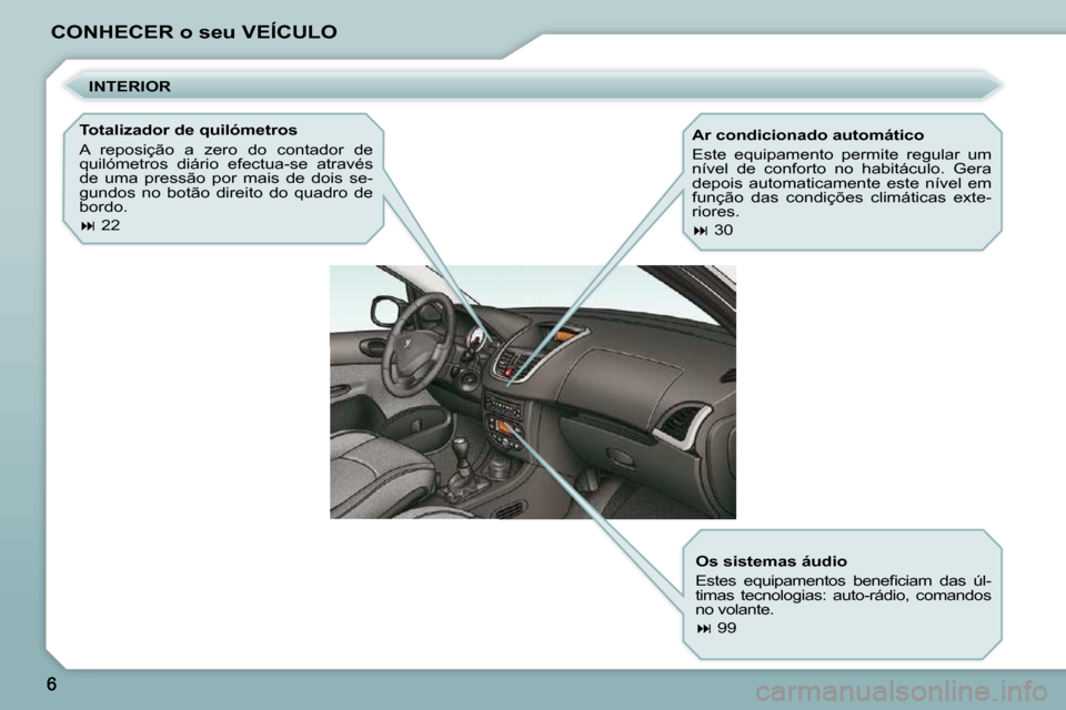 Peugeot 206 P 2009  Manual do proprietário (in Portuguese) CONHECER o seu VEÍCULO  INTERIOR 
  Totalizador de quilómetros  
 A  reposição  a  zero  do  contador  de  
quilómetros  diário  efectua-se  através 
de  uma  pressão  por  mais  de  dois  se-