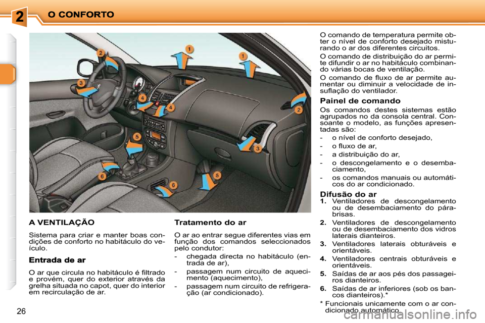 Peugeot 206 P 2009  Manual do proprietário (in Portuguese) 26
       A VENTILAÇÃO 
 Sistema  para  criar  e  manter  boas  con- 
dições de conforto no habitáculo do ve-
ículo. 
  Tratamento do ar 
 O ar ao entrar segue diferentes vias em  
função  dos