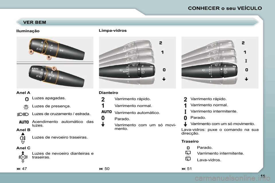 Peugeot 206 P 2009  Manual do proprietário (in Portuguese) CONHECER o seu VEÍCULO
  VER BEM 
  Iluminação  
  
Anel A   
  
Traseiro   
  
Anel B      
Dianteiro   
  Limpa-vidros 
   
�   47       
�   51    
 Luzes apagadas.  
 Luzes de cruzamento 