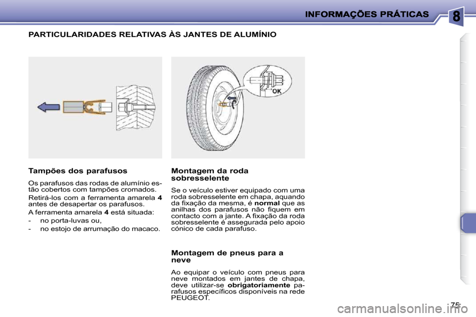 Peugeot 206 P 2009  Manual do proprietário (in Portuguese) 75
             PARTICULARIDADES RELATIVAS ÀS JANTES DE ALUMÍNIO 
  Tampões dos parafusos  
 Os parafusos das rodas de alumínio es- 
tão cobertos com tampões cromados.  
 Retirá-los  com  a  fe