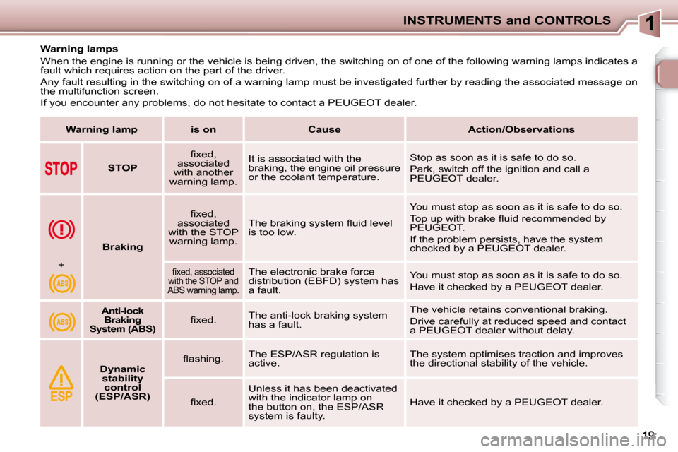 Peugeot 206 P Dag 2010.5 User Guide INSTRUMENTS and CONTROLS
           Warning lamps  
 When the engine is running or the vehicle is being driven, the switching on of one of the following warning lamps indicates a 
fault which requires