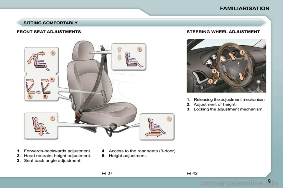 Peugeot 206 P Dag 2010.5  Owners Manual FAMILIARISATION
  SITTING COMFORTABLY 
  FRONT SEAT ADJUSTMENTS  
   
1.    Forwards-backwards adjustment. 
  
2.    Head restraint height adjustment. 
  
3.    Seat back angle adjustment. 
   
�  