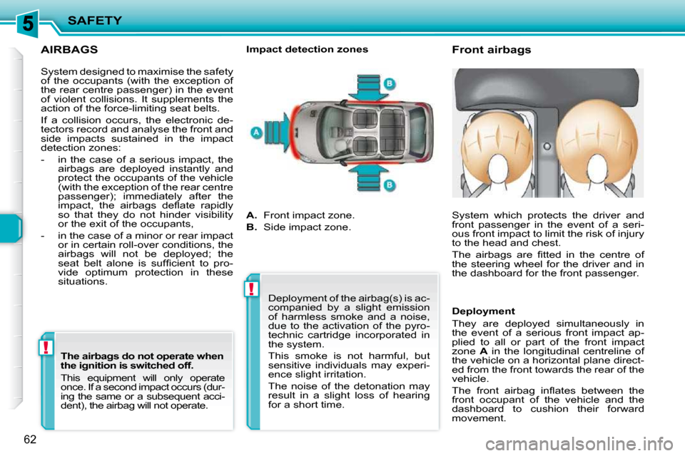 Peugeot 206 P Dag 2010.5 Repair Manual !!
SAFETY
62
  AIRBAGS 
       Front airbags 
  Impact detection zones 
   System designed to maximise the safety  
of  the  occupants  (with  the  exception  of 
the rear centre passenger) in the eve