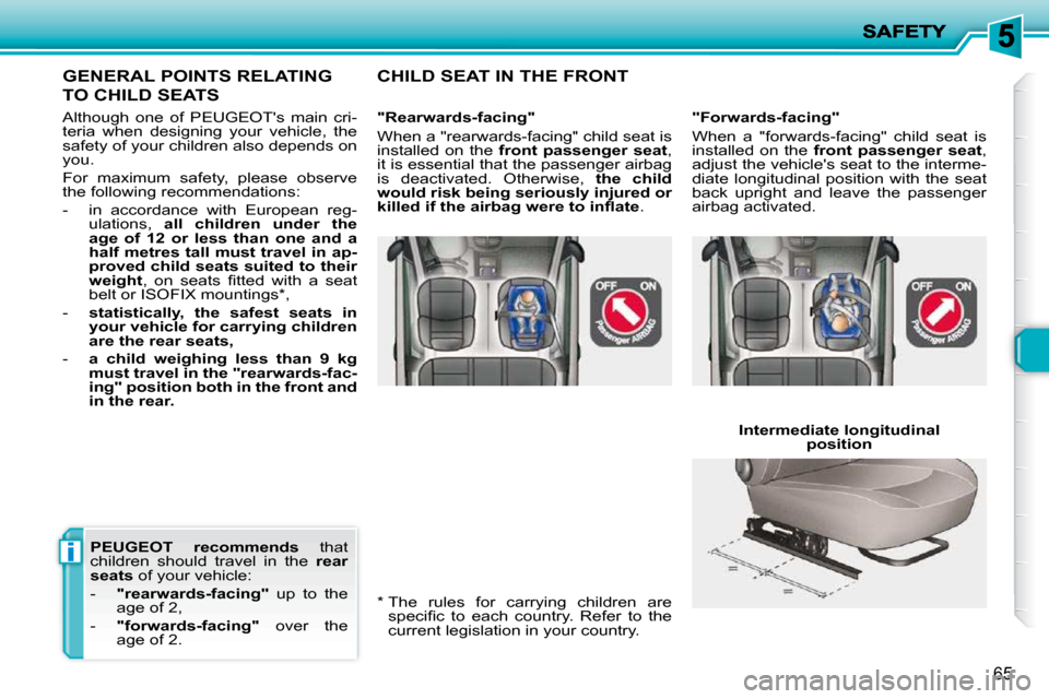 Peugeot 206 P Dag 2010.5 Repair Manual i
65
  *    The  rules  for  carrying  children  are �s�p�e�c�i�ﬁ� �c�  �t�o�  �e�a�c�h�  �c�o�u�n�t�r�y�.�  �R�e�f�e�r�  �t�o�  �t�h�e�  
current legislation in your country.  
GENERAL POINTS RELAT