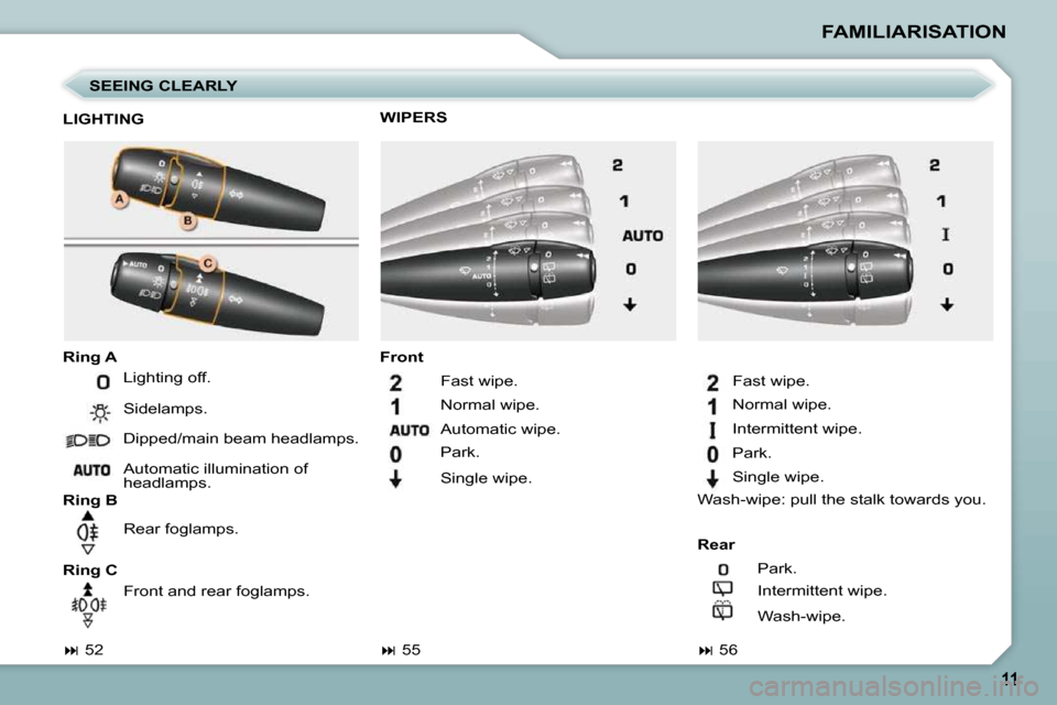 Peugeot 206 P Dag 2010.5  Owners Manual FAMILIARISATION
  SEEING CLEARLY 
  LIGHTING  
  
Ring A   
  
Rear   
  
Ring B      
Front   
  WIPERS 
   
�   52       
�   56    
 Lighting off.  
 Dipped/main beam headlamps.  
 Automatic 