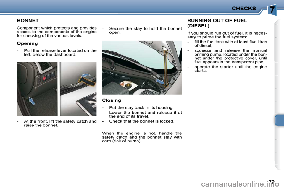 Peugeot 206 P Dag 2010.5  Owners Manual 77
BONNET 
 Component which protects and provides  
access  to  the  components  of  the  engine 
for checking of the various levels. 
  -   At the front, lift the safety catch and raise the bonnet.  