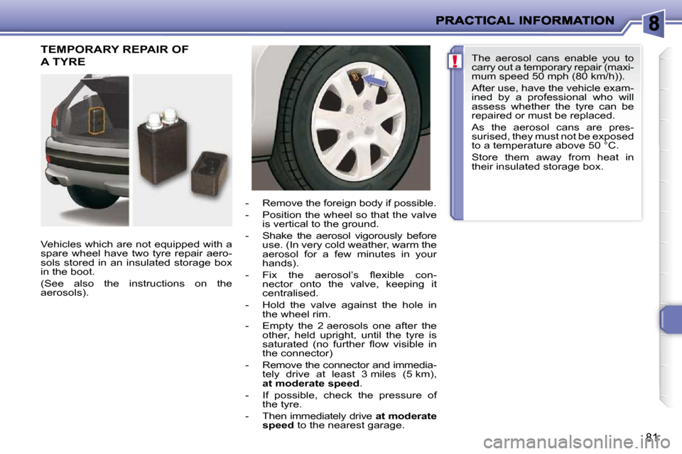 Peugeot 206 P Dag 2010.5  Owners Manual !
81
 TEMPORARY REPAIR OF 
A TYRE  
  Vehicles which are not equipped with a  
spare  wheel  have  two  tyre  repair  aero-
sols  stored  in  an  insulated  storage  box 
in the boot.  
 (See  also  t